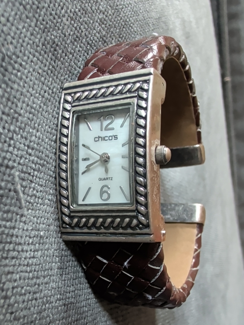 Chico's Brown Braided Leather Strap Silver-Tone Rectangular Watch